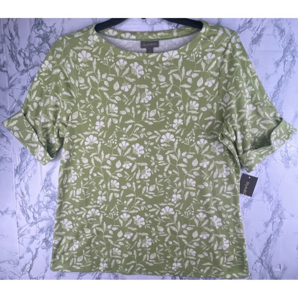 Style&Co. Womens Plus Size 1X Green Floral Print Elbow Sleeve Tee